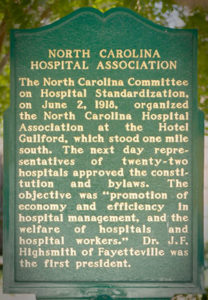 Historic marker in Greensboro, NC, explaining the beginning of the NC Hospital Association.