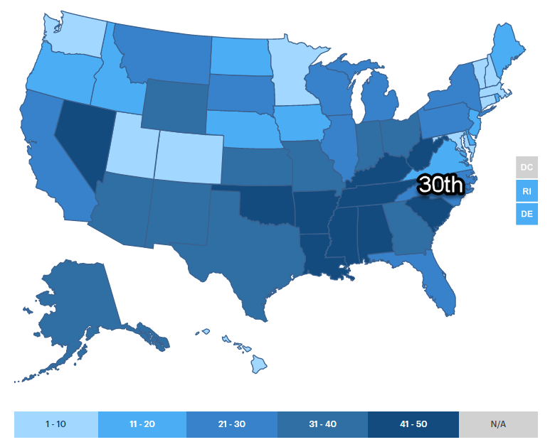 America Health Rankings Map with Label America Health Rankings Map, NC is 30th